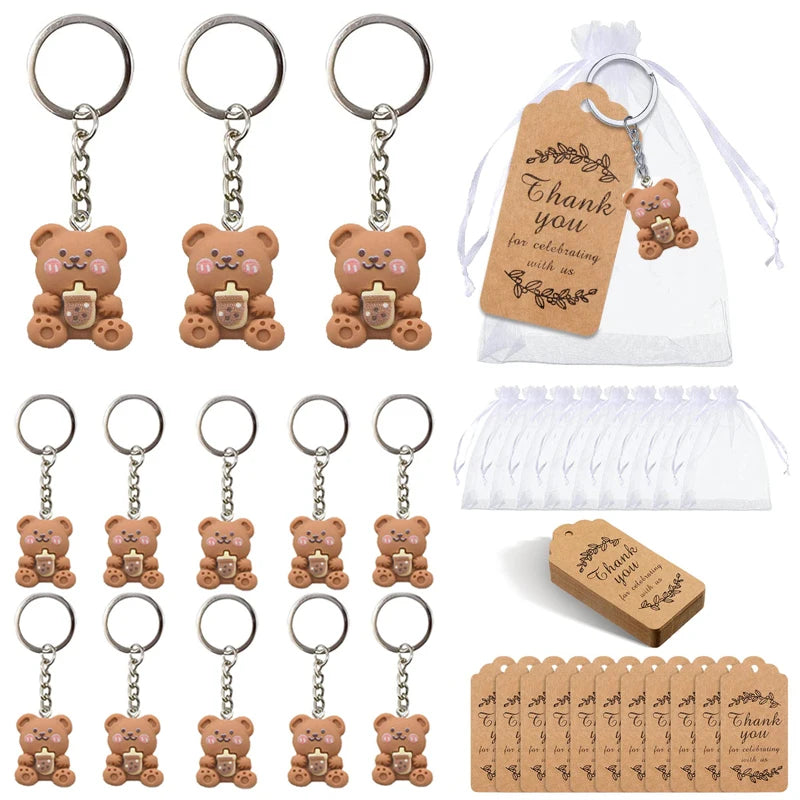 20 Sets Baby Shower Favors for Guest Bear Keychains Thank You Kraft Tags Organza Bags Bear Party Favors Birthday Baptism Gifts