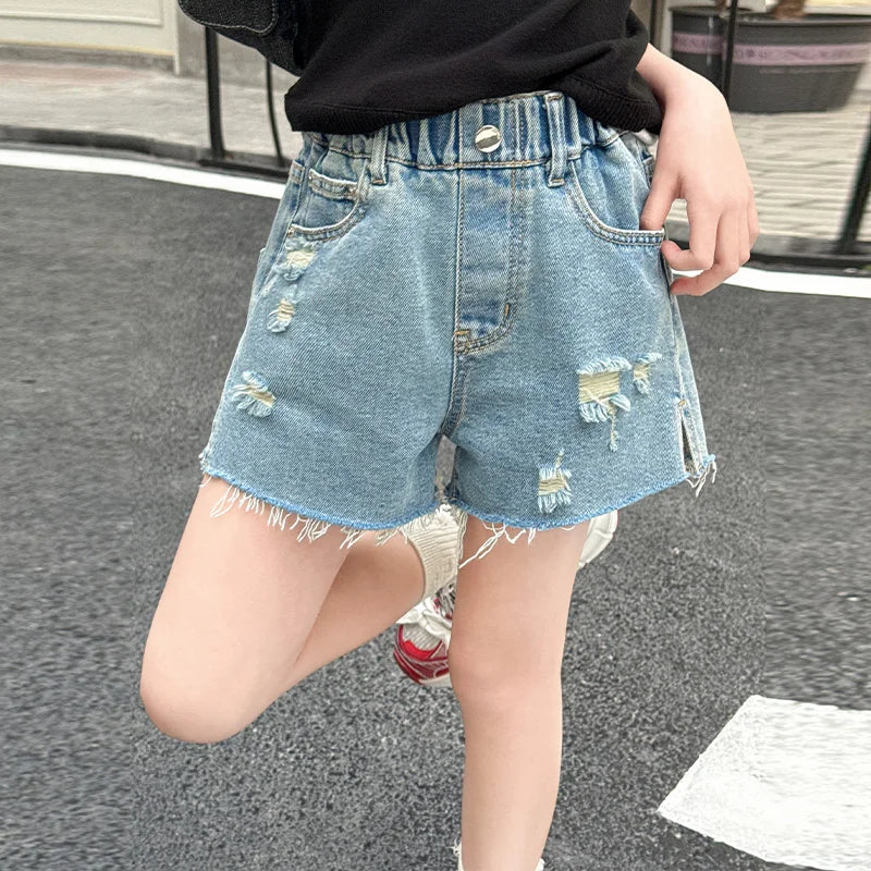 Brief Style Kids New Summer Design Ripped Jeans Mini Shorts for Tweens Girl Casual Street Style Children Destroyed Denim Shorts