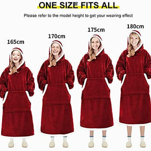 Wearable Blanket Hoodie, Oversized Sweatshirt with Sleeves and Folding Giant Pocket, Warm and Cozy Big Sherpa Hoodie for Adult (Red, One Size)