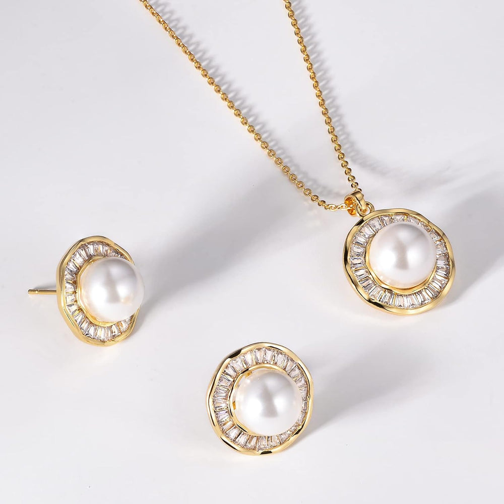 Pearl Wedding Necklace and Earrings 14K Gold Plated Sunflower Jewelry Set for Women & Bridesmaids You Are My Sunshine Shiny Cubic Zirconia Chain Length 18"+2" Extender (A)