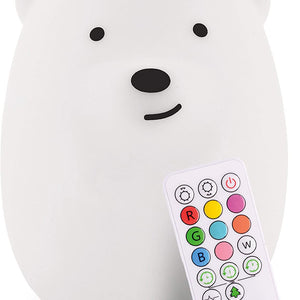 Silicone Night Light for Kids, Bear - 9 Soft Colors, Remote Sleep Timer - Rechargeable, Battery-Operated Light for Toddler, Baby, Girls, Boys - Bedroom, Nursery