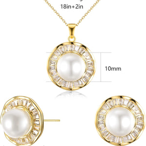 Pearl Wedding Necklace and Earrings 14K Gold Plated Sunflower Jewelry Set for Women & Bridesmaids You Are My Sunshine Shiny Cubic Zirconia Chain Length 18"+2" Extender (A)