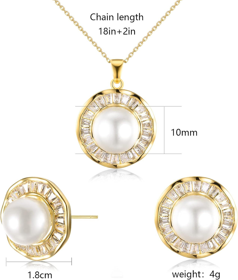 Pearl Wedding Necklace and Earrings 14K Gold Plated Sunflower Jewelry Set for Women & Bridesmaids You Are My Sunshine Shiny Cubic Zirconia Chain Length 18"+2" Extender (A)