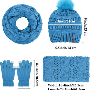 Womens Winter Warm Sets Knitted Fur Pompoms Beanie Hat Circle Loop Scarf Touch Screen Gloves Winter Favor Accessories