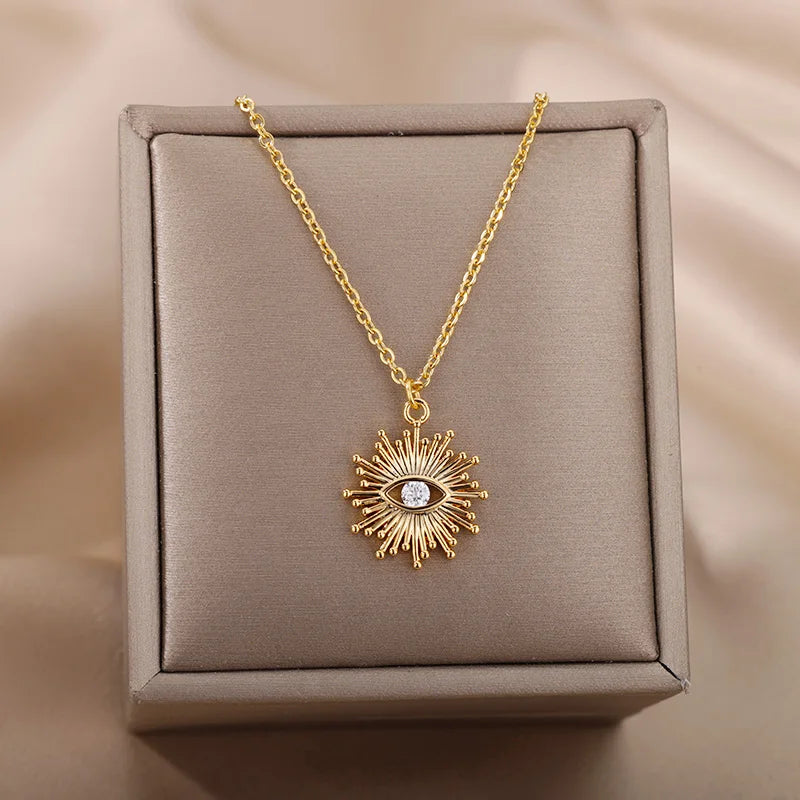 Zircon Evil Eye Necklaces for Women Stainless Steel Sun Pendant Chain Collier Necklace Fashion Turkey Eyes 2023 Goth Jewelry