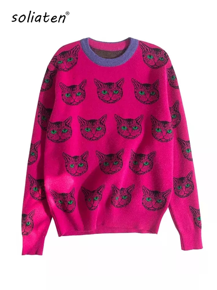 High Quality Runway Designer Cat Print Knitted Sweaters Pullovers Women Autumn Winter Long Sleeve Harajuku Sweet Jumper C-054