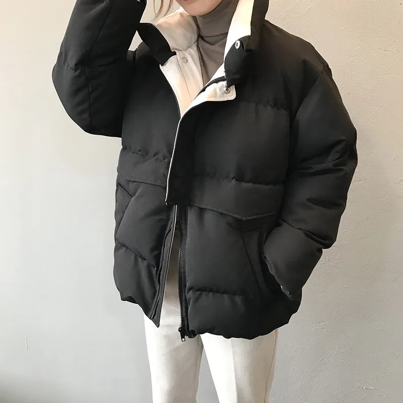 2022 Women's Winter Jacket Streetwear Polyester Zipper Straight 3 Solid Color Padded Coat Warm Femme Parkas Black Women Clothing