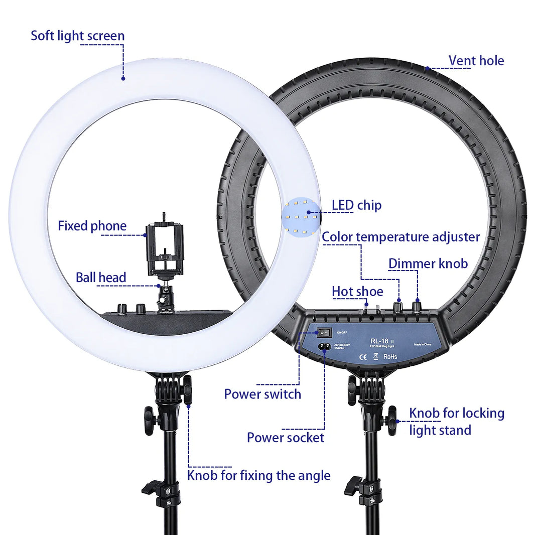 FOSOTO RL-18II Led Ring Light 18 Inch Ring Lamp 55W Ringlight Photography Lamp With Tripod Stand For Phone Makeup Youtube Tiktok