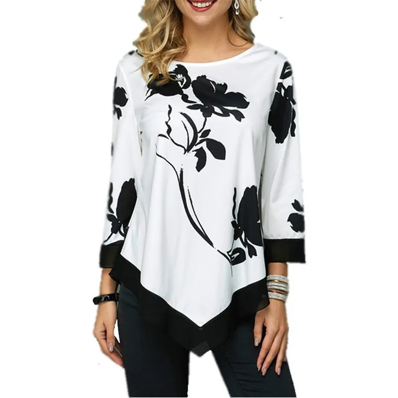 New Spring Oversized Women T Shirt Casual Irregular O-Neck Lace Splice Floral Printing Tee Shirt Women's Tops Pullovers Clothing