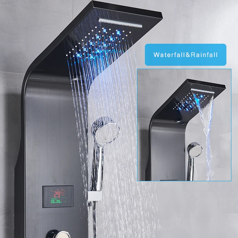Saeuwtowy Wall Mount Shower Panel Shower Column LED Waterfall Shower Faucet Set With Bidet Sprayer Massage Temperature Display