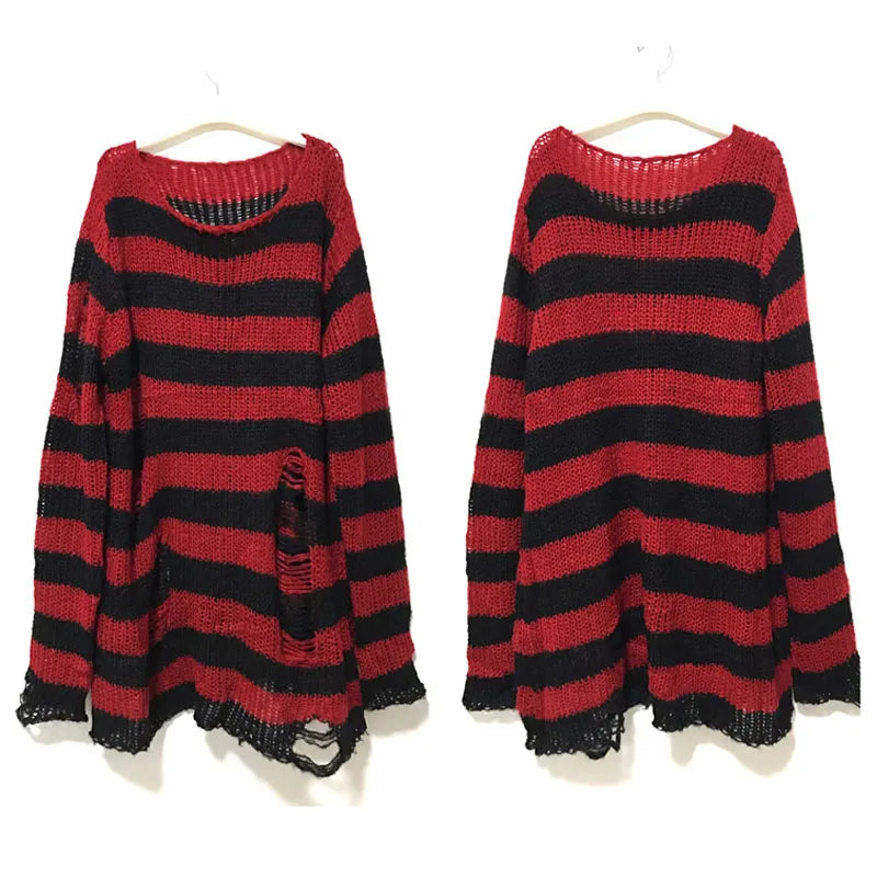 Punk Gothic Long Unisex Sweater 2020 Summer Women Striped Cool Hollow Out Hole Broken Jumper Loose Rock Thin Dark Streetwear Top