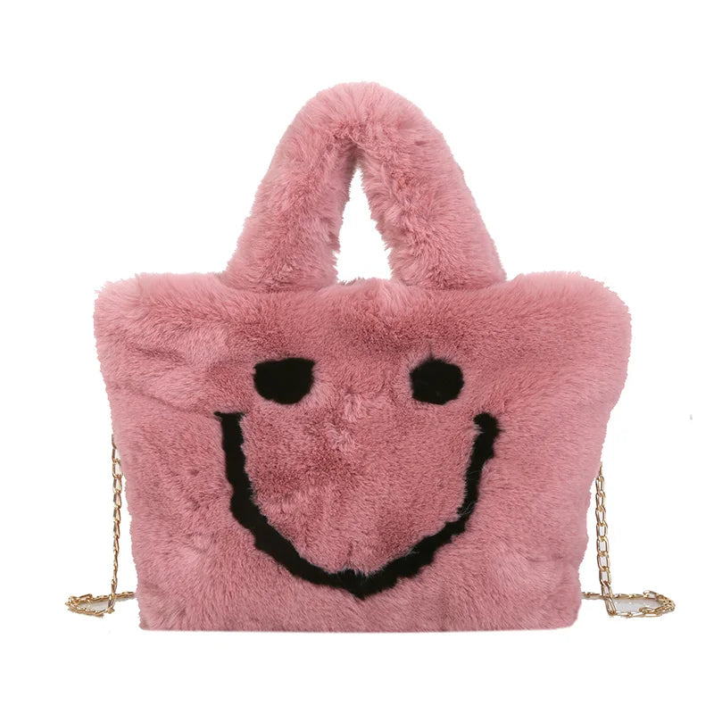 Women aplush smiley handbag buckle shoulder bag cute soft ladies chainladies faux fur bag female party little girlChristmas gift