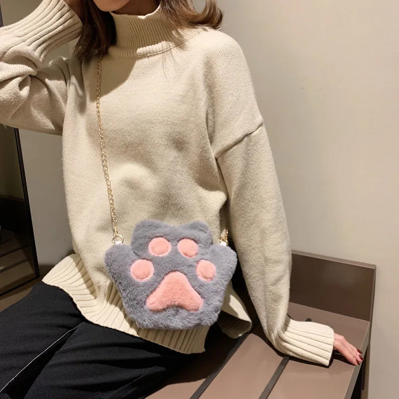 Cute Bear Paw Girls Chain Zipper Shoulder Bag Lovely Children's Soft Plush Coin Purse Baby Boys Accessories Small Crossbody Bags