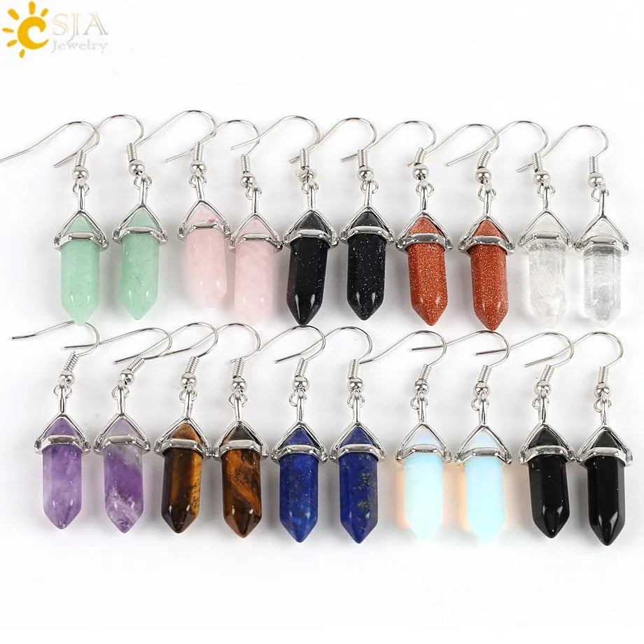 CSJA Hexagonal Reiki Natural Stone Crystal Earrings Bead Drop Quartz Earring Decoration Jewelry Piercing Women 1 Pair Real E086