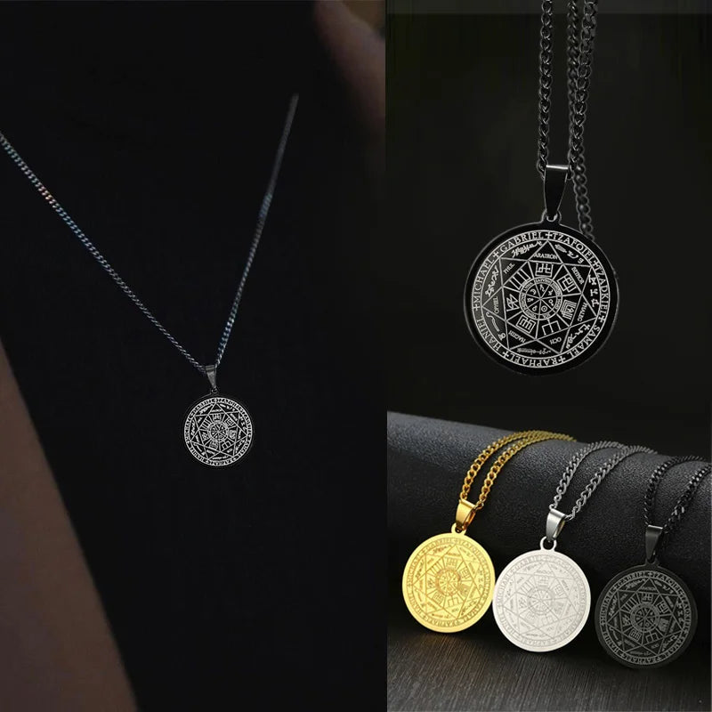 Men Necklace,Seal of the Seven Archangels Necklaces,Stainless Steel The 7 Archangels Sigil, Solomon Kabbalah Amulet Pendants