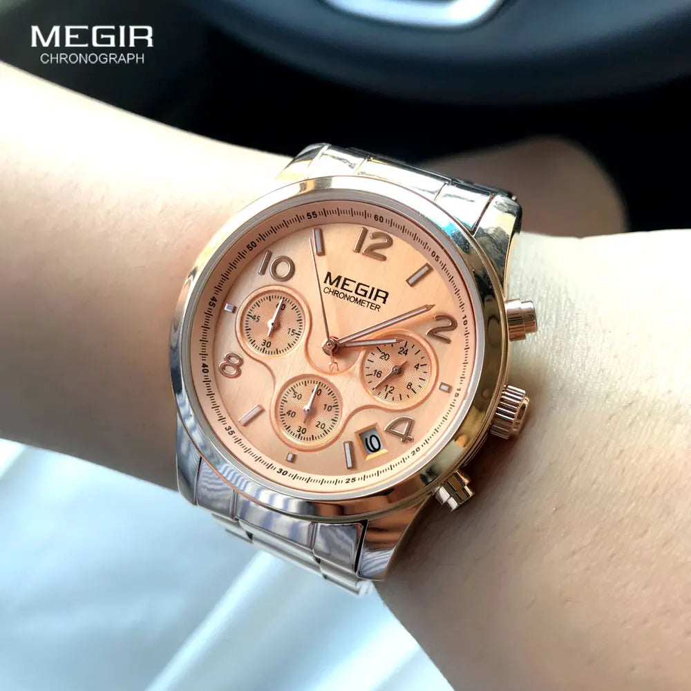 Megir Ladies Watch Chronograph Quartz Watches Women Top Brand Luxury Rose Gold Wristwatch Relogio Feminino часы женские 2057