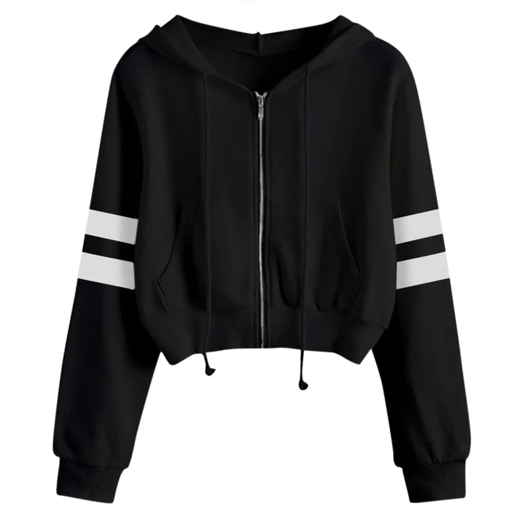 Harajuku Stripe Color Block Cropped Hoodies Teen Girls Women Autumn Zip Up Crop Tops Sweatshirts Pocket Hooded Jackets Moletom