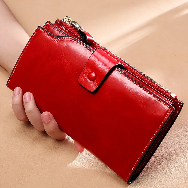 RFID Blocking Genuine Leather Women Wallet Long Lady Leather Purse Brand Design Luxury Oil Wax Leather Female Wallet Coin Purse