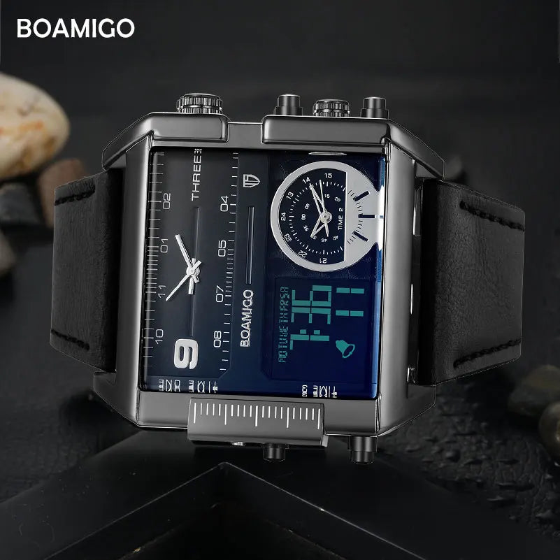 BOAMIGO brand men sports watches 3 time zone big man fashion military LED watch leather quartz wristwatches relogio masculino