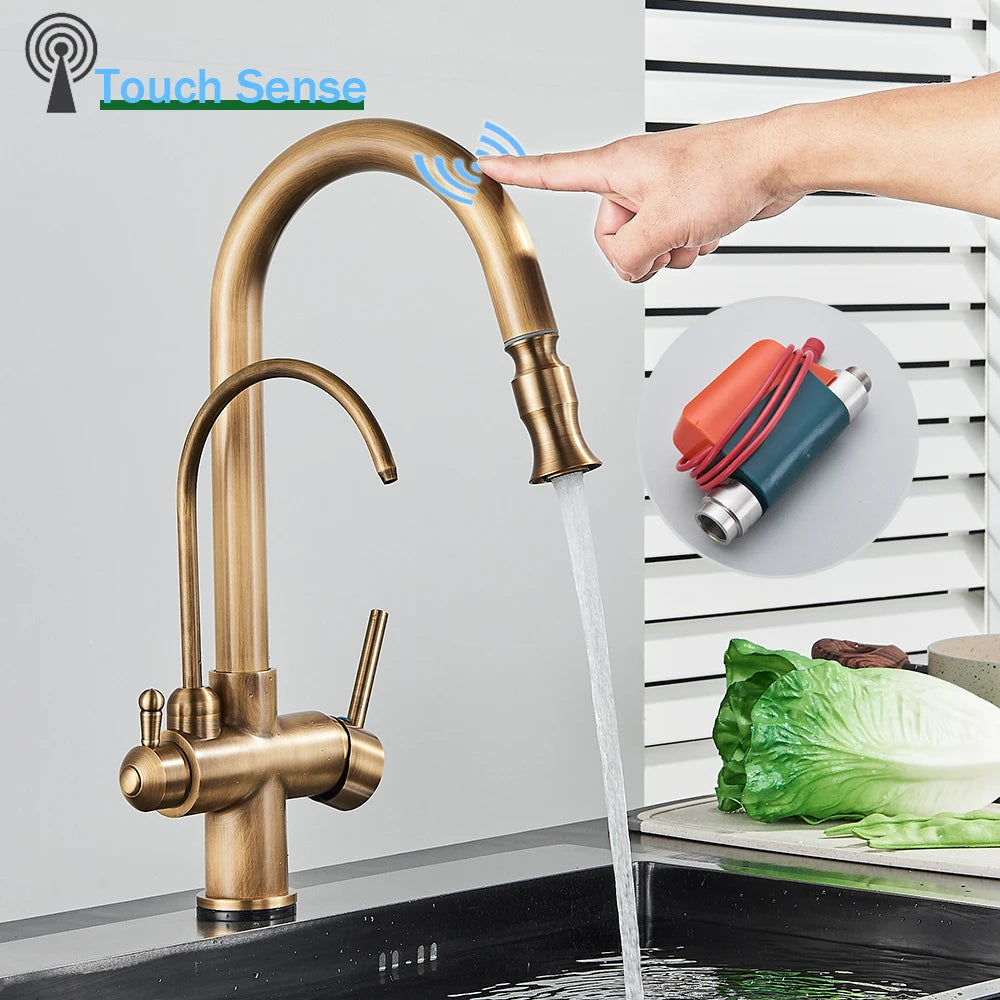 Rozin Touch Sensor Filter Water Kitchen Faucet Antique Brass Put out Sprayer Mixer Tap with Swivel Pure Water Crane for Kitchen