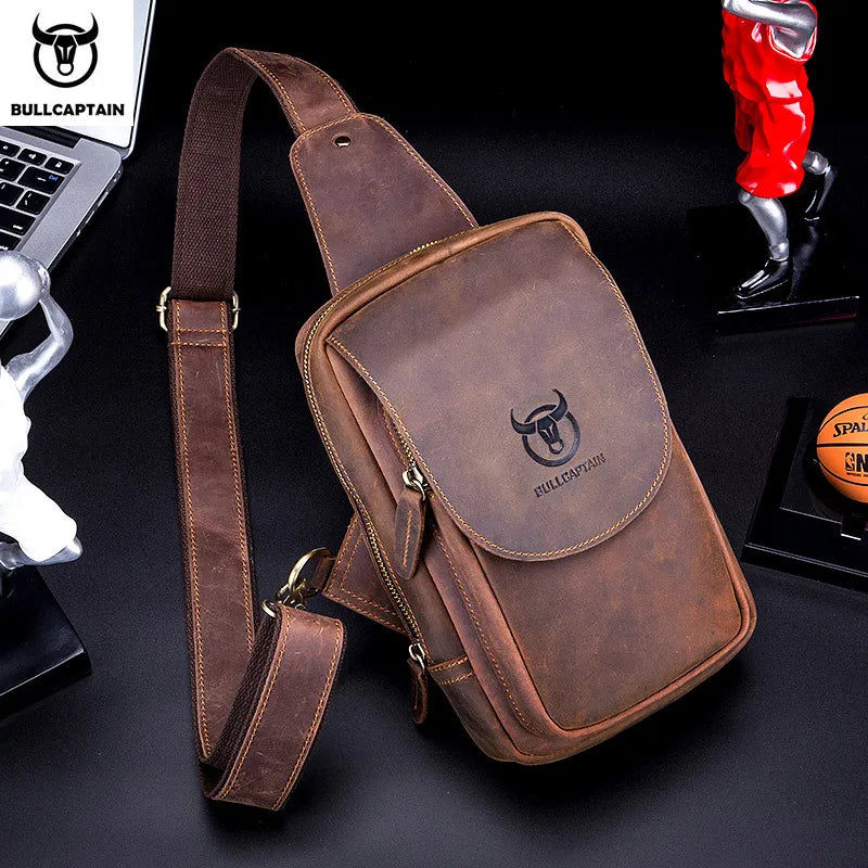 BULLCAPTAIN Men's Crossbody Bags Crazy Horse Leather Chest Bag's Leather Crossbody Bages Retro Men's Zip Pocket Short Travel Bag