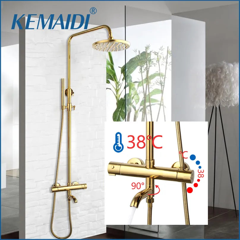 KEMAIDI Thermostatic Shower Set Gold Bathroom Shower System 38 Thermostatic Bath Shower Set Square Rainfall Top Shower Faucet