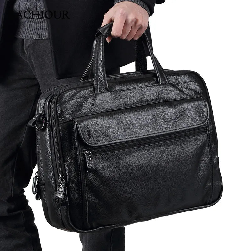 Large Men Leather Handbgs Male Genuine Leather Business Travel Brifcases Bag Men's 15.6 Inch Laptop Shoulder Bag Business A4 Bag