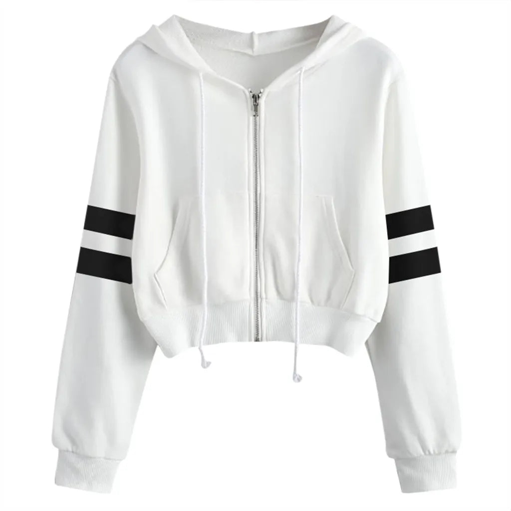 Harajuku Stripe Color Block Cropped Hoodies Teen Girls Women Autumn Zip Up Crop Tops Sweatshirts Pocket Hooded Jackets Moletom