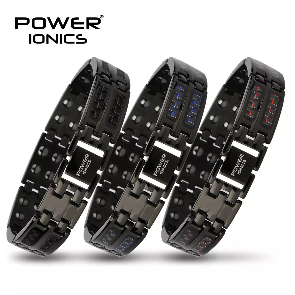 Power Ionics Mens black/blue/red carbon fiber 100% Pure Titanium Magnetic Therapy Bracelet Wristband improve blood circulation