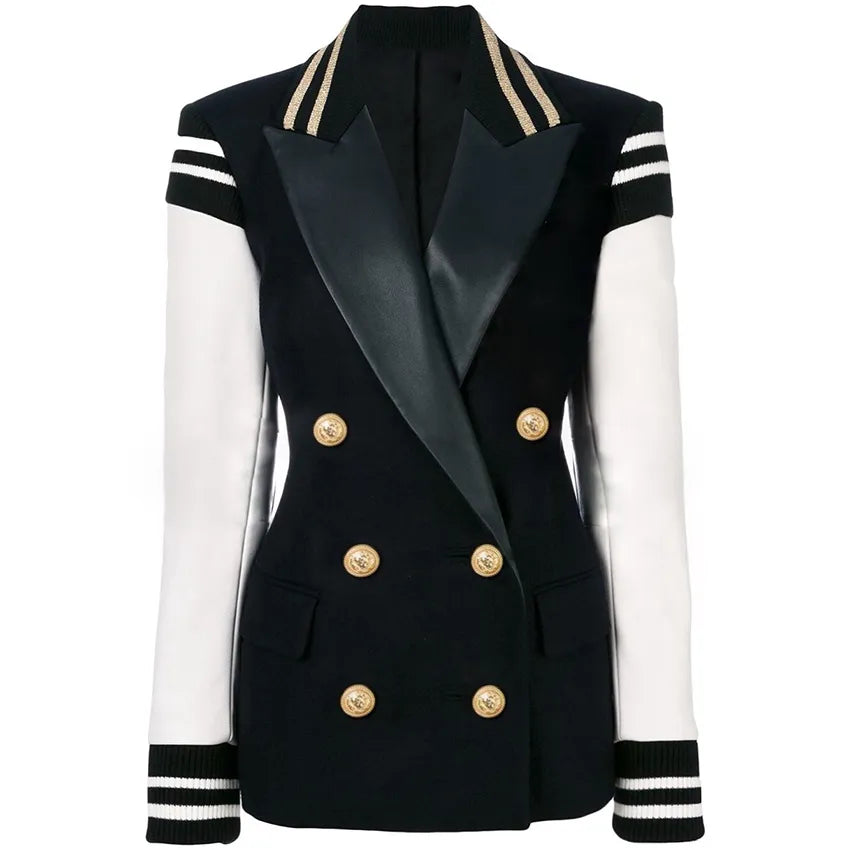 HIGH STREET New Fashion 2023 Classic Varsity Jacket Women's Lion Buttons Double Breasted Leather Sleeve Patchwork Blazer