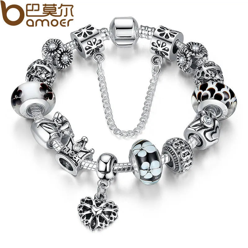 BAMOER Queen Jewelry Silver Plated Charms Bracelet & Bangles With Queen Crown Beads Bracelet for Women PA1823