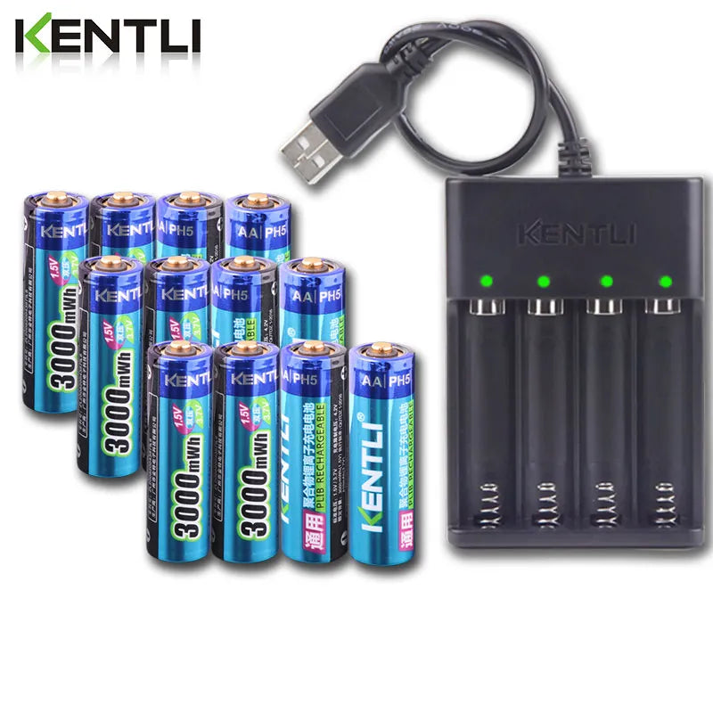 KENTLI  AA 1.5V 3000mWh lithium li-ion rechargeable battery +4 Channel polymer lithium li-ion battery batteries charger