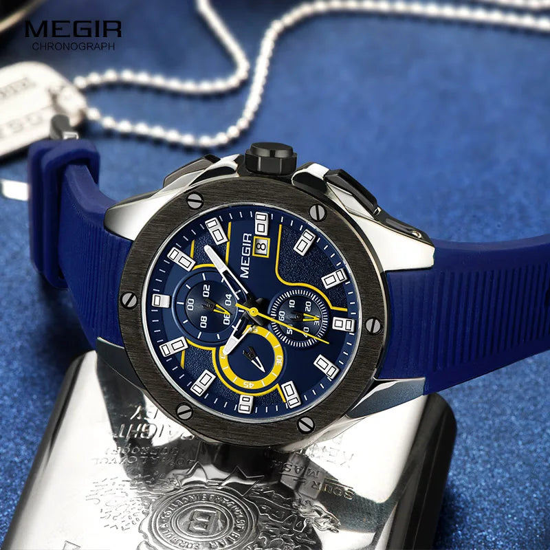 MEGIR Men's Sports Chronograph Quartz Watches Silicone Strap Luminous Waterproof Army Military Wristwatch Man Relogios 2053 Blue