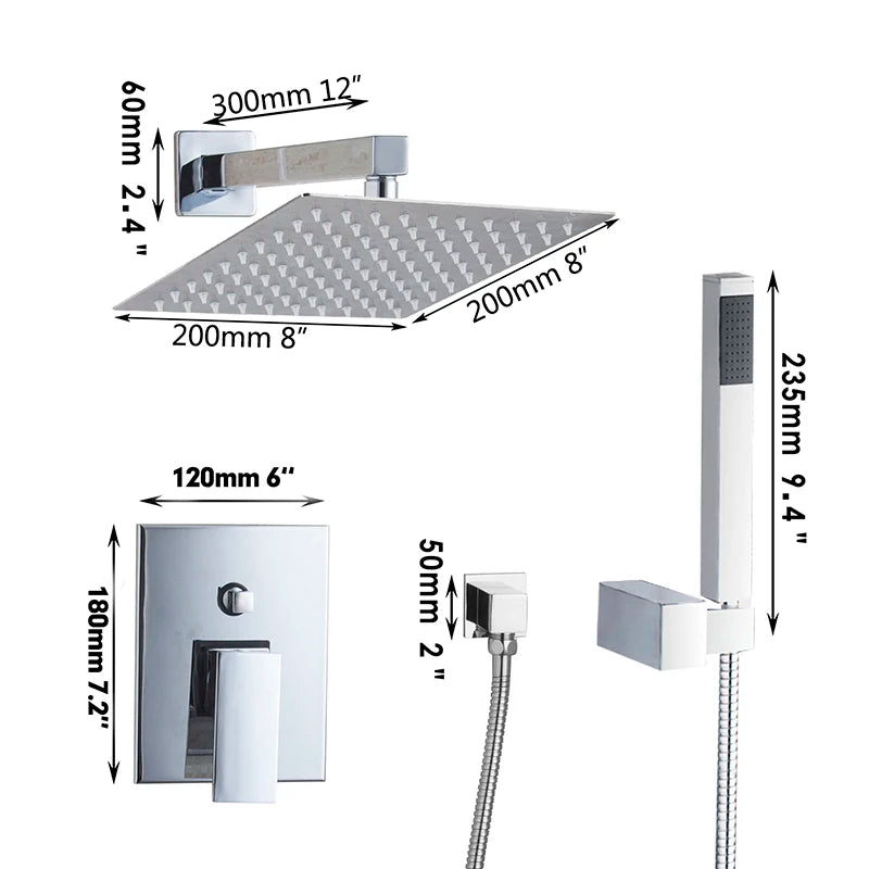 KEMAIDI Bathroom Wall Mounted Shower Faucet Set 8" Rain Shower Head  Chrome Shower Rainfall  Shower Systerm Bathtub Mixer