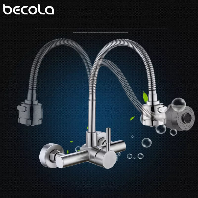 Stainless Steel Wall Mounted Kitchen Faucet Wall Kitchen Mixers Kitchen Sink Tap 360 Degree Swivel Flexible Hose Double Holes