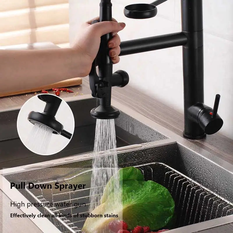 Deck Mounted Spring Pull Down Kitchen Faucet Swivel Handheld Sprayer Dual Spout Mixer Tap Kitchen Mixer Crane Cold Hot Water Tap