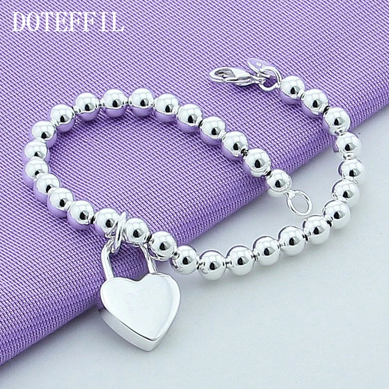 DOTEFFIL 925 Sterling Silver Heart Lock 6mm Beads Chain Bracelets Jewelry Women Top Quality Lovers Bracelets Christmas Gift