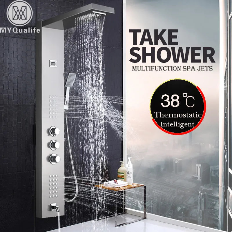 Brushed Nickel Thermostatic Shower Faucet Waterfall Rain Shower Panel 3 Handles Bathroom Shower Mixer Column with Handshower