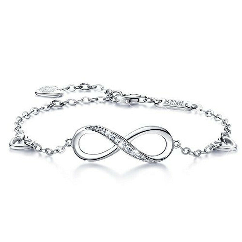 Fashion New Exquisite Infinity Symbol White Zircon Silver Bracelet Jewelry Gift