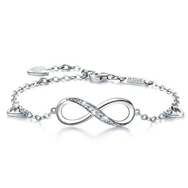 Fashion New Exquisite Infinity Symbol White Zircon Silver Bracelet Jewelry Gift