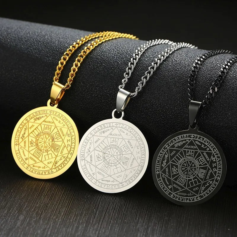 Men Necklace,Seal of the Seven Archangels Necklaces,Stainless Steel The 7 Archangels Sigil, Solomon Kabbalah Amulet Pendants