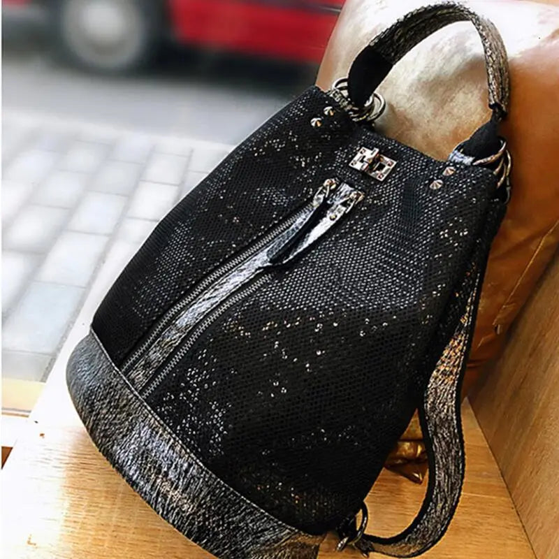 New Fashion Sequins Leather Laptop Backpack Women Female Personality Lock Anti Theft Bagpack Travel Mochila Feminina  Back Pack