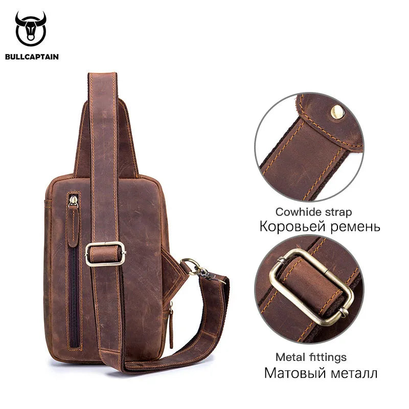 BULLCAPTAIN Men's Crossbody Bags Crazy Horse Leather Chest Bag's Leather Crossbody Bages Retro Men's Zip Pocket Short Travel Bag