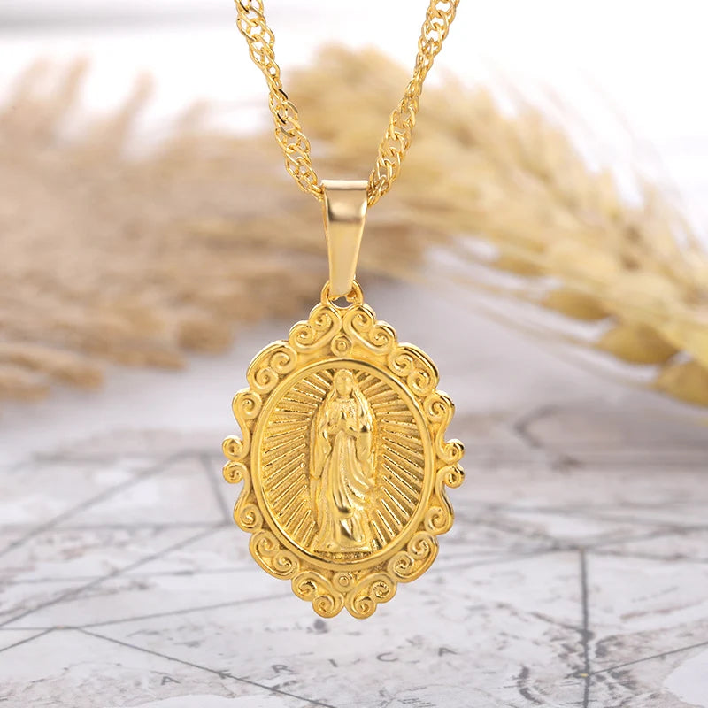 Stainless Steel Water Wave Chain Jesus Cross Necklace For Women Holy Virgin Mary Pendant Necklace For Men Religion Faith Jewelry
