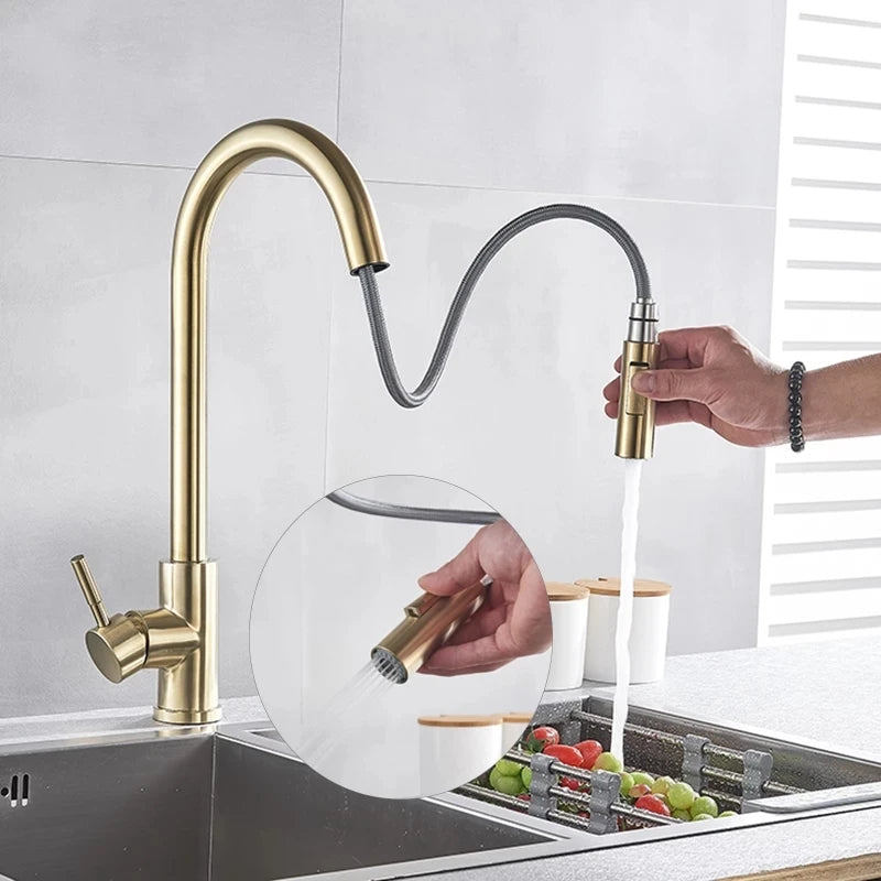 Smart Touch Kitchen Faucet Brushed Gold Pull Out Spray Black Sensor Faucets 360 Rotation Crane Hot Cold Water Sensor Mixer Taps