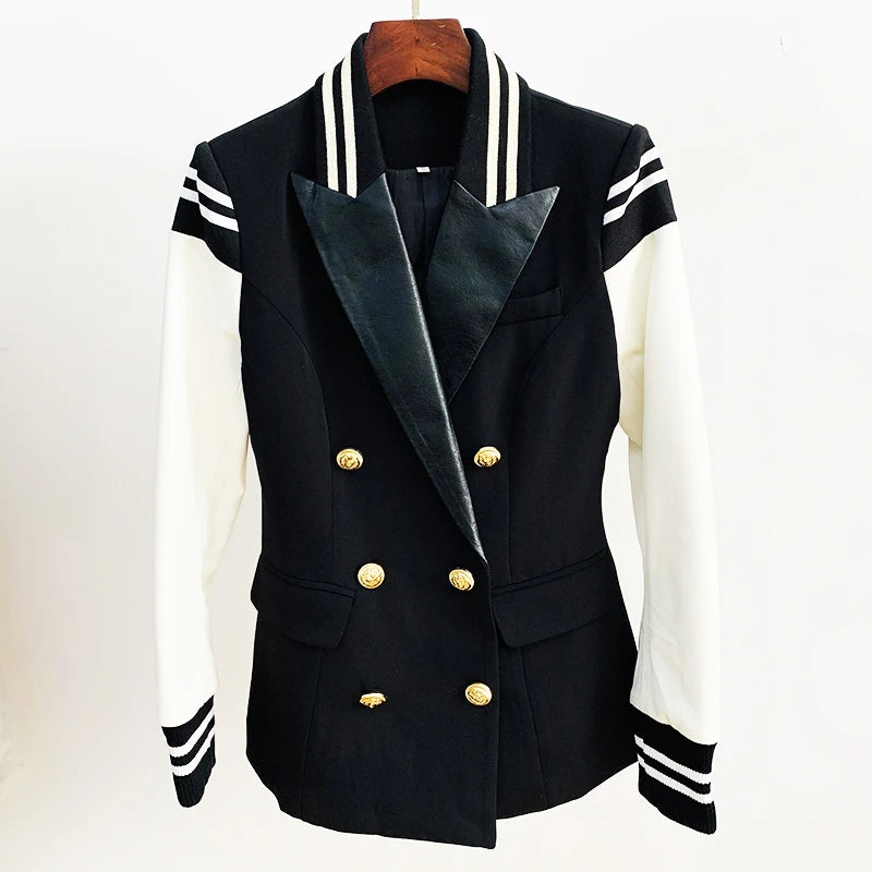 HIGH STREET New Fashion 2023 Classic Varsity Jacket Women's Lion Buttons Double Breasted Leather Sleeve Patchwork Blazer