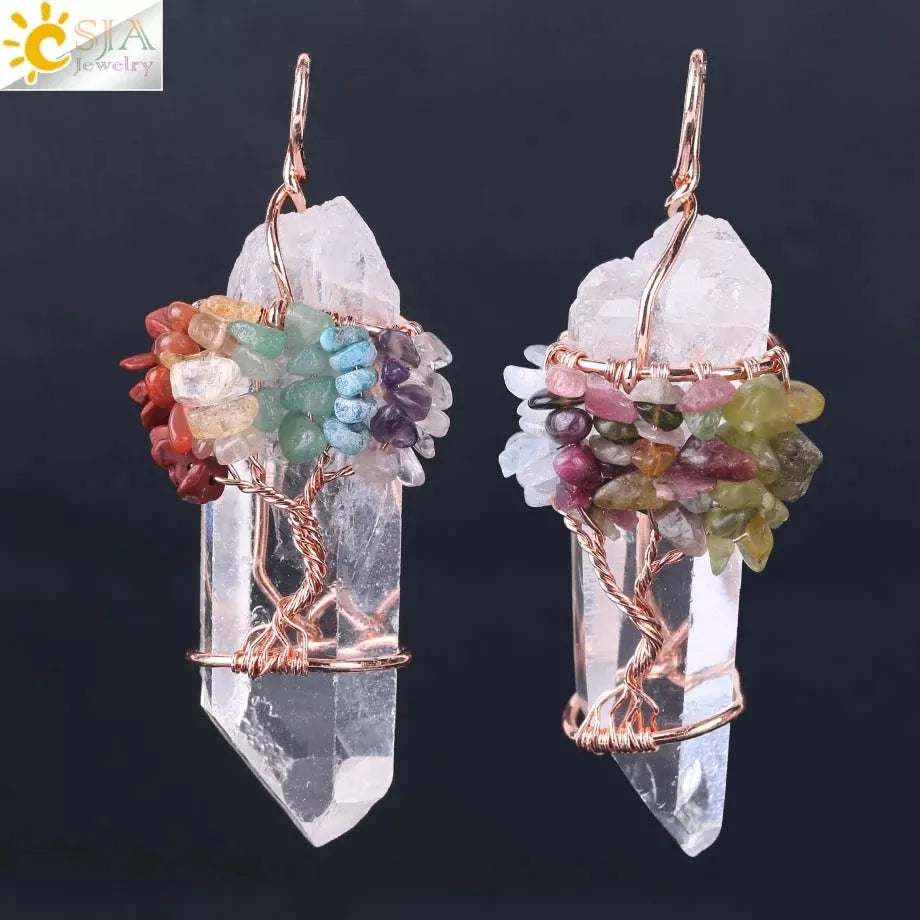 CSJA Natural Stone Rock Crystal Pendant Reiki Chakra Tree of Life Handmade Wire Wrapped Clear Quartz Pendant for Necklace F517