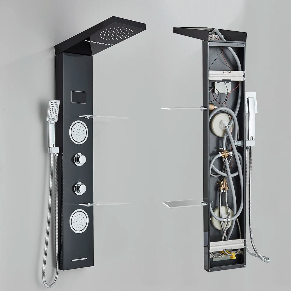 LED Light Shower Panel Rainfall Digital Display Shower Faucet Set Wall Mount Bathroom Column System With Shelf SPA Massage Jets