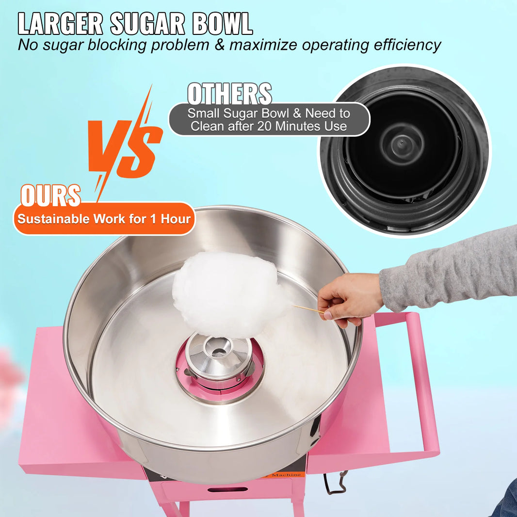 SucceBuy Electric Cotton Candy Machine with Cart 1000W Commercial Floss Maker with Stainless Steel Bowl Sugar Scoop and Drawer