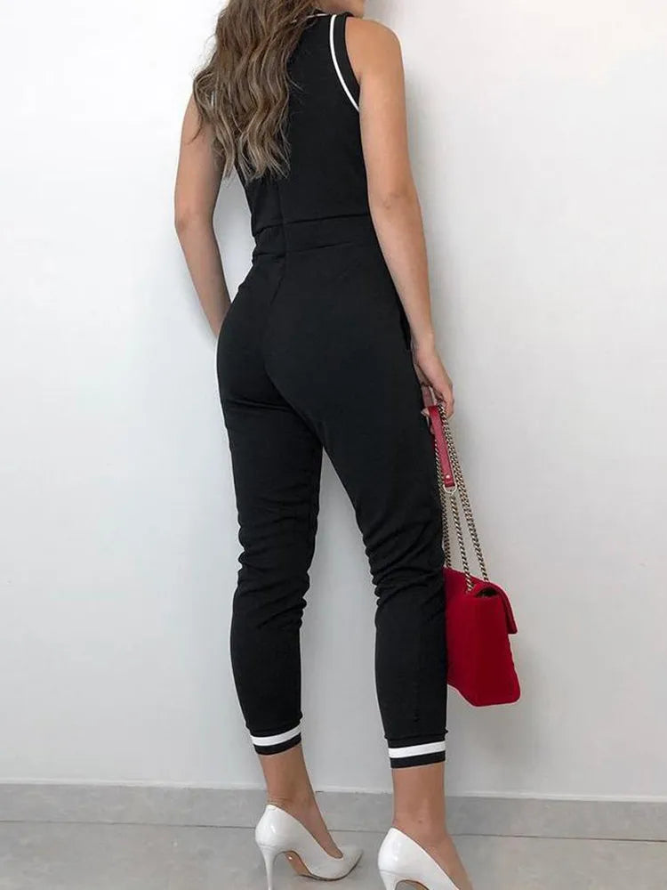 Contrast Binding Tie Waist Casual Jumpsuit Women Rompers Sleeveless Summer One Piece Overall